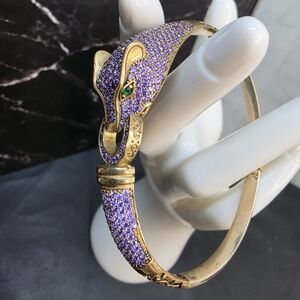 925 Panther Bangle Purple Pavé CZ Statement Bracelet Gold Tone